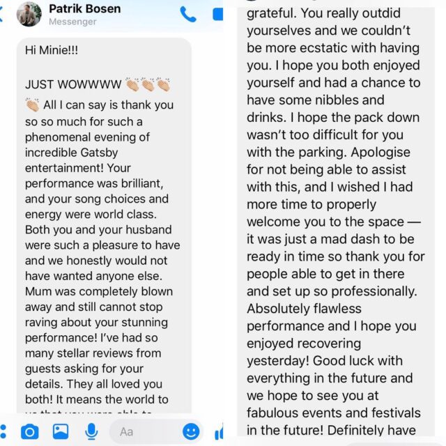 Last Saturday we performed at a private event, Gatsby themed, and here’s our client’s review! It’s so good to find such lovely people to work with, we are so grateful! #majazzter #gatsbyparty #privatevent #gig #musicianslife #sydney #musicaustralia #musicforlife