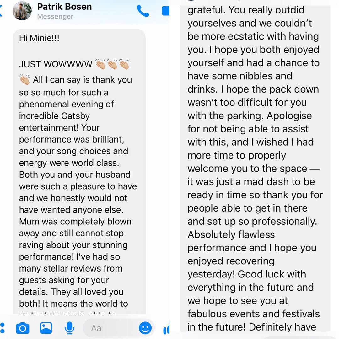 Last Saturday we performed at a private event, Gatsby themed, and here’s our client’s review! It’s so good to find such lovely people to work with, we are so grateful! #majazzter #gatsbyparty #privatevent #gig #musicianslife #sydney #musicaustralia #musicforlife
